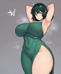 ai_generated armpits arms_behind_head arms_up breasts covered_navel curvy dress female fubuki_(one-punch_man) green_dress green_eyes green_hair grey_background heart huge_breasts impossible_dress jewelry large_breasts milkyslice necklace one-punch_man pearl_necklace short_hair simple_background solo steaming_body thick_thighs thighs tight_dress wide_hips