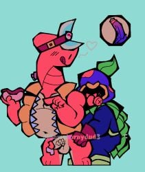 2boys anthro balls bare_legs bare_shoulders barefoot before_sex belly blush blush_lines brawl_stars cartoony cordelius_(brawl_stars) dinosaur doug_(brawl_stars) duo erection fat fungus gas_mask gay genital_fluids genitals gloves half-dressed half_naked hand_on_hip heart hot_dog hot_dogging imminent_sex interspecies jacket leaves male male/male male_on_male male_only mask navel nude penis penis_in_ass pink_body precum purple_body simple_background size_difference small_dom_big_sub smile somehornydud3 standing supercell tongue tongue_out