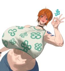 anime big_breasts blush blushing breasts clothed clothed_female collar female female_only ginger ginger_hair huge_boobs huge_breasts light-skinned_female light_skin manga maotthat midriff nami nami_(one_piece) one_piece orange_hair orange_hair_female short_hair tongue tongue_out