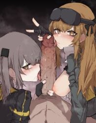 1boy 2girls absurdres black_bow black_gloves black_nails blush bow breasts brown_eyes brown_hair commentary_request cooperative_fellatio fellatio ffm_threesome fingerless_gloves girls'_frontline gloves goggles goggles_on_head group_sex hairbow highres holding korean_commentary kyomu_123 large_penis licking licking_penis long_hair looking_at_viewer multiple_girls nipples open_mouth oral orange_eyes orange_hair penis pov pov_crotch pubic_hair saliva saliva_on_penis scar scar_across_eye simple_background straight threesome tongue tongue_out ump45_(girls'_frontline) ump45_(mod3)_(girls'_frontline) ump9_(girls'_frontline) ump9_(mod3)_(girls'_frontline) uncensored upper_body veins veiny_penis