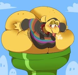 cartoony concerned female hyper hyper_ass hyper_butt hyper_hips hyper_thighs koopa_troopa mario_(series) pipe squiddy62 stuck sweatshirt tongue_out yellow_skin