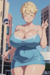 ai_generated big_breasts blonde_hair blue boobs_bigger_than_your_head breasts bythebrokenone cleavage dragon_ball dress huge_boobs mature_woman milf mother panchy panchy_(dragon_ball) panchy_briefs thick_thighs