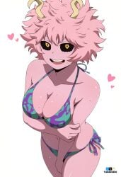 1girls artist_name bikini black_sclera blue_bikini boku_no_hero_academia breasts cleavage colored_sclera colored_skin fanbox_logo female highres horns large_breasts looking_at_viewer mina_ashido multicolored_bikini multicolored_clothes my_hero_academia navel open_mouth pink_hair pink_skin pixiv_logo purple_bikini solo sweat swimsuit tsuranukko twitter_x_logo yellow_eyes yellow_horns