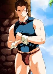 00s 1boy 2009 big_brother_cafe brown_hair bulge fundoshi ge_(pixiv210783) male male_only muscular red_fundoshi solo tagme waiter