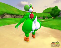 3d_(artwork) anthro ass balls big_butt clothing digital_media_(artwork) footwear genitals grass green_body green_scales green_skin green_yoshi hi_res huge_butt kanebrentkoopa looking_at_viewer looking_back looking_back_at_viewer male mario_bros nintendo nude plant public public_nudity rear_view reptile scales scalie shoes solo source_filmmaker_(artwork) thick_thighs tree wide_hips yoshi yoshi_(character)