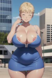 ai_generated big_breasts blonde_hair blue boobs_bigger_than_your_head breasts bythebrokenone cleavage dragon_ball dress dripping huge_boobs mature_woman milf mother nipples panchy panchy_(dragon_ball) panchy_briefs thick_thighs