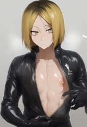 blonde_hair femboy looking_up pointy_chin rubber rubber_suit tagme white_body