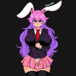 1girls 2d artist_name artist_signature big_breasts black_background black_nail_polish black_nails breasts breasts_bigger_than_head bunny_ears bunny_girl clothed clothed_female female hand_on_crotch hips inspired inspired_by jacket long_hair looking_at_viewer nail_polish necktie pixel_art purple_hair rabbit_ears rabbit_girl red_eyes reisen_udongein_inaba seireiart shiny_hair shirt shy skirt solo source standing takorin takorin_style thick_thighs thighhighs thighs touhou wide_hips