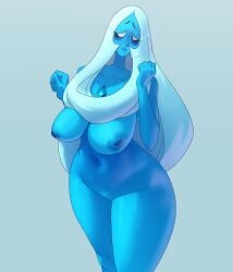 1girls absurdres blue_diamond_(steven_universe) blue_gemstone blue_hair blue_nipples blue_skin breasts chest_jewel colored_nipples colored_skin completely_nude completely_nude_female female female_only gem grey_background highres huge_breasts inker_comics light_blue_hair long_hair looking_to_the_side naked naked_female navel nipples nude nude_female simple_background solo solo_female steven_universe