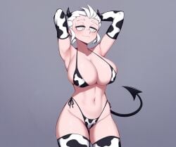 1girls arms_behind_head arms_up baxx15 big_breasts black_horns black_tail blind breasts cow_bikini cow_print cow_print_armwear cow_print_thighhighs demon demon_girl demon_horns demon_tail female female_only grey_eye helltaker horns huge_breasts justice_(helltaker) looking_at_viewer nipples outdoors short_hair smile solo solo_female tail topless white_eyes white_hair