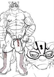 1boy abs anthro biceps big_penis boots bulge clothing erect_nipples feline fleshlight_panter_(hatake) footwear furry hatake huge_cock huge_muscles male male_only mammal mask muscular nipples partially_colored pecs penis quads sketch testicles tight_clothes triceps underwear wrestler wrestling_mask