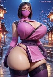 1girls ai_generated bimbo_body black_hair breasts cleavage cleavage_cutout clothed clothing clothing_cutout corset curvy curvy_figure elbow_gloves huge_breasts huge_thighs hyper_thighs lantern looking_at_viewer makeup mask masked mileena minomixai mortal_kombat mortal_kombat_11 mouth_mask netherrealm_studios night outdoors paper_lantern presenting_breasts short_hair skin_tight solo solo_focus thick_thighs thighhighs tight_clothing voluptuous yellow_eyes