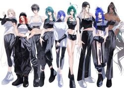 abs anarkia_(path_to_nowhere) angell_(path_to_nowhere) cinnabar_(path_to_nowhere) colored_hair coloured corso_(path_to_nowhere) demolia_(path_to_nowhere) eirene_(path_to_nowhere) group hecate_(path_to_nowhere) larger_female mantis_(path_to_nowhere) manzoku_sakana nightingale_(path_to_nowhere) pants path_to_nowhere smaller_female sports_bra sportswear taller_female tummy