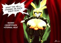 angry angry_expression angry_eyes angry_face aura big_breasts boobs boobs_bigger_than_head bunny_ears bunny_girl curtains curtains_open dog_girl fangs green_hair head_grab heat imminent_rape imminent_sex in_heat niiko_night pasties reverse_bunnysuit shortstack species_transformation status_effect text text_bubble transformation