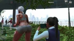 ai_generated ass ass_focus away behind big by cheering dark elena_(street elena_(street_fighter) fighter fighter) grey hair iii looking necklace pernalisa playing public recording shorts skin skinned square street sweat sweating swinging team thick thighs video_games white woman