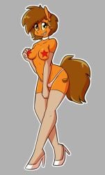 1girls 2018 brown_hair choker cutie_mark grey_background high_heels looking_at_viewer medium_breasts my_little_pony my_little_pony_friendship_is_magic orange_body pasties pinup short_hair smile stockings tail thighhighs thong venus_spring whatsapokemon