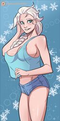 1girls areolae belly blonde_hair blue_eyes breasts cleavage covered_breasts covered_nipples disney elsa_(frozen) erect_nipples female female_only frozen_(film) hips huge_breasts legs long_hair looking_at_viewer midriff navel nipple_bulge pokies sideboob solo swain_(artist) tank_top thighs