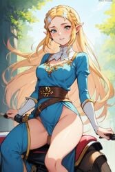 ai_generated blonde_hair blue_dress blue_eyes long_hair looking_at_viewer mythrafan65 princess_zelda sfw sitting