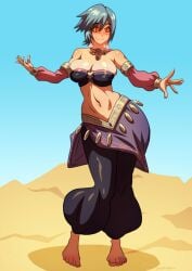 aqua_(kingdom_hearts) belly_dancer belly_dancer_outfit blue_hair cleavage dancer dancer_outfit dancing desert detached_sleeves disney harem_girl harem_outfit harem_pants huge_breasts hypnosis kingdom_hearts mind_control ono-fire short_hair veil voluptuous