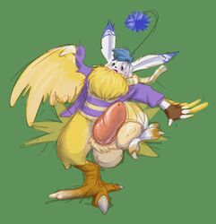 1boy amethystlongcat avian balls beak big_balls bird blush chocobo claws clothing egg_laying erection feathered_wings feathers final_fantasy hyper hyper_penis male male_only moogle paws penis pom_antenna simple_background solo square_enix talons torn_clothing transformation video_games wings