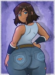 1female 1girls ass ass_focus avatar_the_last_airbender big_ass big_butt blue_eyes brown_hair clothed clothed_female clothing confident confident_smile dark-skinned_female dark_skin denim denim_clothing denim_jeans female female_focus female_only huge_ass huge_butt kinggargantuas korra looking_at_viewer looking_back nickelodeon nicktoons the_legend_of_korra tight_clothing tight_pants tonyneely torn_clothes torn_legwear