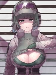 1girls big_breasts cleavage clothing ela_(rainbow_six) female green_eyes green_hair headgear looking_at_viewer rainbow_six_siege steam sweat