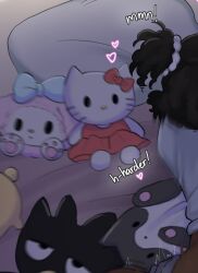 1girls badtz-maru bottomless dark-skinned_female dark_skin dialogue doggy_style female from_behind hello_kitty hello_kitty_(series) implied_sex kumasncreme my_melody onegai_my_melody plushie sanrio sex stuffie tagme