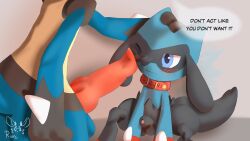 absurd_res anthro arms_down blue_body blue_eyes blush bodily_fluids collar cum cum_drip dripping duo forced generation_4_pokemon genital_fluids genitals grabbing_head head_tilt hi_res lucario male male/male nintendo penis penis_on_face pokemon pokemon_(species) questionable_consent rear_view retractable_dick riolu rioni sitting tail warm_colors