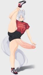 1boy animal_ears ballerina_position balls big_balls big_cock big_penis blue_eyes blush bulge bulge_through_clothing cock femboy huge_cock hung_femboy light-skinned_male linsa male_only painted_nails penis short_shorts shorts thick_thighs white_hair