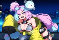 1girls ai_generated big_breasts bikini blue_hair breasts cleavage clothed collarbone female female_only grey_bikini humanoid iono_(pokemon) large_breasts long_hair mizushka nintendo no_visible_genitalia open_mouth pink_hair pokemon purple_eyes sharp_teeth solo thighs tongue tongue_out two_tone_hair yellow_eyes