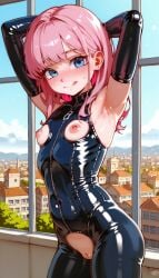 ai_generated armpits blue_eyes latex_suit pink_hair pussy shy small_breasts smaller_female tongue tongue_out