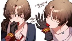 clothed dante_(limbus_company) glasses gregor_(limbus_company) japanese_text licking licking_hand limbus_company pov pov_eye_contact project_moon