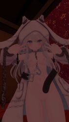 belt blue_eyes bunny_ears chains heart_symbol hood hood_up navel nipples original pussy silver_hair smile v_sign vrchat