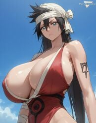 1girls ai_generated big_breasts black_body bleach blue_eyes brown_hair curvy curvy_figure female_focus female_only huge_breasts kukaku_shiba long_hair marshalperv narrow_waist pervmarshal solo tagme tattoo_on_arm