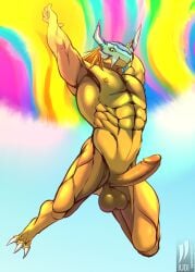 3_toes abs absurd_res anthro armor attack balls bandai_namco digimon digimon_(species) erection feet flying foreskin genitals headgear headgear_only helmet helmet_only hi_res iudicium86 male muscular nude outside penis rainbow retracted_foreskin sky solo toes wargreymon