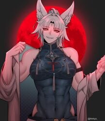 abs ankys blood_moon feixiao_(honkai:_star_rail) fox fox_ears foxgirl honkai:_star_rail honkai_(series) hoyoverse muscular muscular_female red_eyes smile smiling stripping