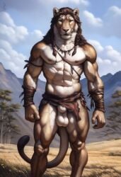 1boy 2024 abs ai_generated animal_humanoid anthro avaru balls biceps black_nipples brown_body brown_fur claws felid feline furry genitals humanoid lion loincloth loincloth_aside male male_focus male_only mammal mammal_humanoid multicolored_body multicolored_fur muscular muscular_male nature nature_background navel nipples nude pink_nose precum primal_wilds sagging_balls sheath solo testicles tribal tribal_clothing tuft tufted_fur white_fur