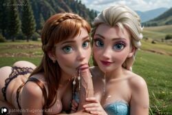 2girls ai_generated anna_(frozen) athletic bare_shoulders covered_nipples cute_face elsa_(frozen) frozen_(film) hips image light-skinned_female lipstick looking_at_viewer patreon_username posing pussy sisters solo solo_female stable_diffusion