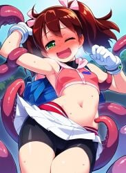 1girls ape_escape arm_behind_head arm_up bike_shorts blush breasts brown_hair curvy female female_only gloves laughing legs looking_at_viewer midriff navel one_eye_closed restrained sayaka skirt small_breasts smile sweat tank_top tentacle tentacles thighs tickling twintails yumi