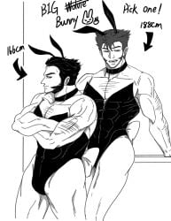 2boys chest_hair choker closed_mouth dual_persona hairy height_difference hugh_jackman james_howlett leotard logan_(x-men) male male_only male_playboy_bunny marvel marvel_comics monochrome muscular_male pectorals rabbit_ears short_hair short_male siyi1996 thighs wolverine_(x-men) x-men