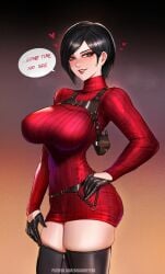 1girls ada_wong badcompzero black_gloves black_hair black_thighhighs breasts dress english_text female gloves grin hand_on_own_hip highres large_breasts light_blush long_sleeves red_sweater resident_evil resident_evil_4 resident_evil_4_(remake) short_hair smile solo speech_bubble standing sweater sweater_dress thighhighs