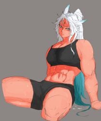 feixiao_(honkai:_star_rail) fox fox_ears foxgirl honkai:_star_rail honkai_(series) hoyoverse muscular muscular_female sleeplessbagel sports_bra sportswear sweat sweatdrop sweating