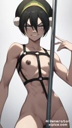 1girls ai_generated avatar_legends avatar_the_last_airbender bdsm_outfit black_hair blind breasts earth_kingdom female nipples pole short_hair toph_bei_fong