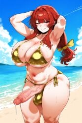 ai_generated arms_behind_head arms_up beach bikini blush breasts bulge cleavage cloud day feet_out_of_frame female from_side futanari gold_bikini hair_ribbon huge_cock kotohime kotohime_(touhou) long_hair low-tied_long_hair nai_diffusion ohhai223 one_eye_closed outdoors precum precum_string red_eyes red_hair self_upload sidelocks sky standing thick_thighs thighs touhou touhou_(pc-98) water wink yellow_ribbon