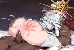 2boys ai_generated anal anal_sex big_ass cowgirl_position crossdressing cum cum_inside dark-skinned_male dark_souls dark_sun_gwyndolin eyes_covered femboy from_behind fromsoftware gay gown huge_ass interracial light-skinned_male male_penetrating_male mask moaning motion_lines novelai on_bed otoko_no_ko rough_sex spanked sweat sweaty_butt thighhighs white_hair yaoi