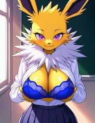 ai_generated big_breasts blue_bra blue_shirt blue_underwear bra breasts cleavage eeveelution female female_focus female_only game_freak gamefreak jolteon kemonogirls large_breasts nintendo open_shirt pleated_skirt pokemon pokemon_(species) purple_eyes school_uniform schoolgirl solo tail two_tone_body two_tone_fur white_fur yellow_body yellow_fur