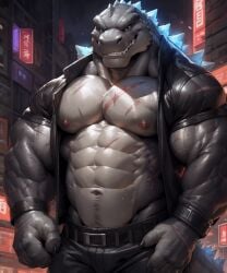 ai_generated anthro belt biceps breasts city claws clothing dinosaur glowing godzilla godzilla_(series) grey_body grey_skin jacket kaiju kuranoidss male male_focus male_only muscular_male nipples reptile scalie scars solo solo_focus thick_neck toho topwear