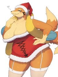 3:4 anthro baburusushi big_breasts biped blush breasts christmas christmas_clothing christmas_headwear cleavage clothed clothing eyelashes female floatzel front_view generation_4_pokemon hat headgear headwear heart_symbol hi_res holidays legwear looking_at_viewer nintendo orange_body pokemon pokemon_(species) santa_hat simple_background slightly_chubby slightly_chubby_anthro slightly_chubby_female smile solo thick_thighs thigh_highs white_background