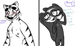 ... 2016 anthro blush bush chest_tuft comic dialogue disney duo fan_character feline female flat_chest flat_chested inkyfrog male mammal mustelid nipples nude open_mouth penis percy_vison polecat polecat_(disambiguation) polecat_(mustelid) restricted_palette simple_background sweat tiger tuft white_background zootopia
