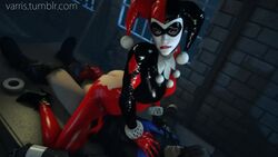 1boy 1girls 3d animated ass batman:_arkham_knight batman_(series) black_hair blonde_hair blue_eyes bodysuit clothed clothing cowgirl_position dc dc_comics dick_grayson female female_on_top harley_quinn harley_quinn_(arkham) harley_quinn_(arkham_knight) harley_quinn_(classic) makeup male mask masked nightwing no_pants no_sound red_lipstick ripped_clothing short_hair source_filmmaker straight twintails varrissfm video